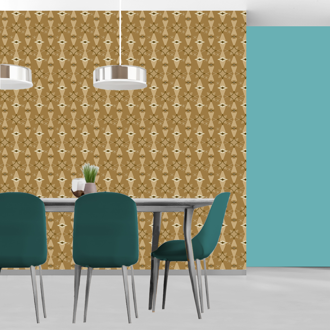 The artwork features a repeating geometric pattern of symmetrical shapes resembling elongated, curved diamonds or petals in various shades of blue and green. Each shape is split vertically with one half filled with a light blue and the other half filled with green or darker blue. The background is a light, almost pastel blue, which provides a soft yet vibrant backdrop. One of the blue shapes near the upper left contains a white starburst element, adding a focal point of brightness to the composition. The overall design conveys a modern, mid-century aesthetic with clean lines and harmonious color contrasts.